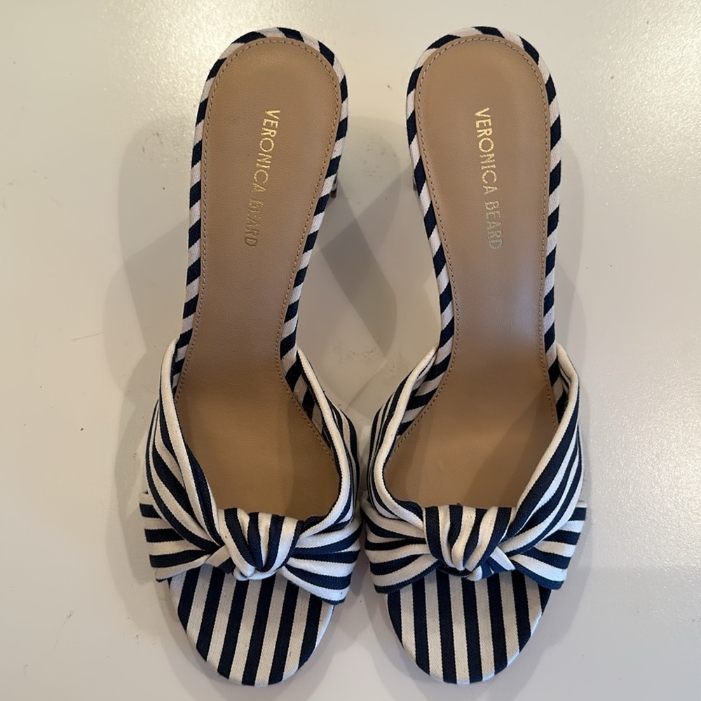 New Veronica Beard Navy and White Striped Fabric Heels with Bow Detail. … - Picture 2 of 11